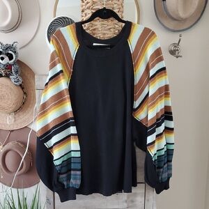 NWOT We The Free Black Thermal Creneck with Multicolor Striped Sleeves